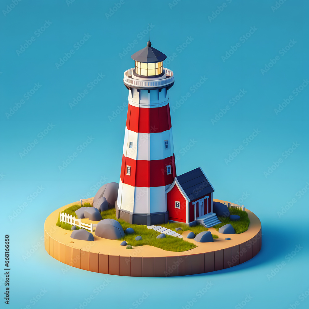 Poster a close up of a small lighthouse on a small island generative ai