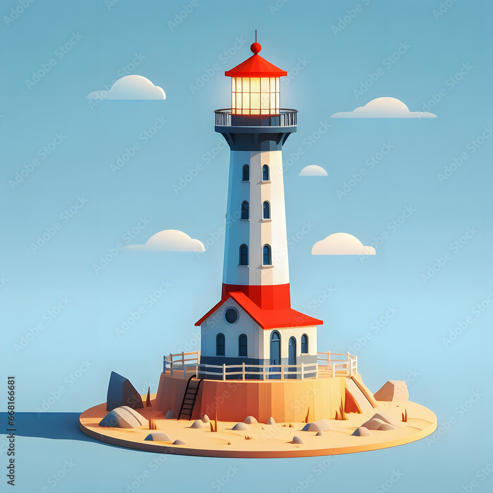 Poster there is a lighthouse on a small island with a red roof generative ai