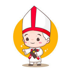 Cute Pope cartoon character. Happy smiling catholic priest mascot character. Christian religion concept design. Isolated white background. vector art illustration.	