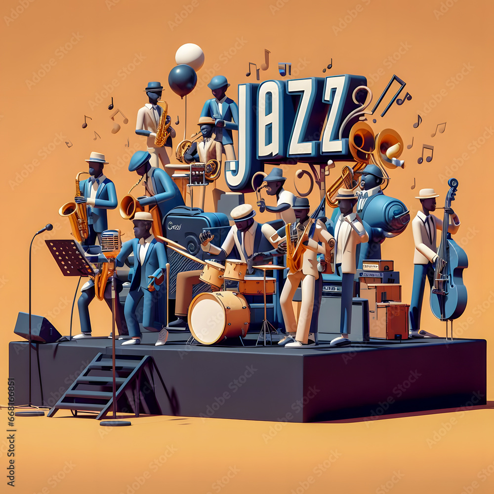 Aufkleber a group of people in suits and hats playing instruments on a stage generative ai