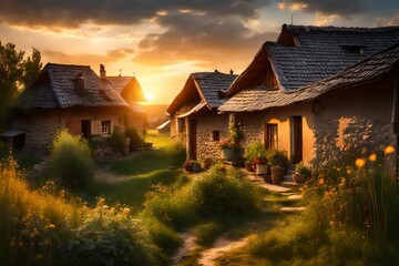 Village houses at sunset in summer. Beautiful view - obrazy, fototapety, plakaty
