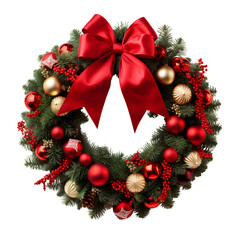Vibrant red Christmas wreath. Traditional symbol of Christmas. Transparent with no background