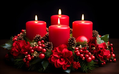 Four glowing red candles amidst a festive arrangement of red berries, pinecones, and holly on a rustic tabletop.