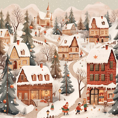 Cozy Snowy Village with Charming Character Illustrations