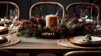 An elegantly set dining table with candles, pinecones, and natural forest-themed decorations.