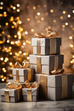 Gift boxes with golden ribbons on bokeh lights background.