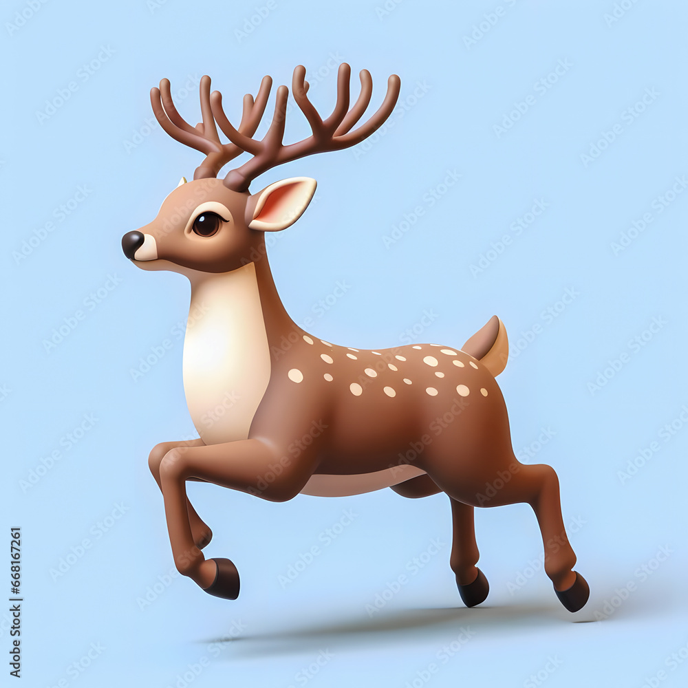 Poster there is a small toy deer that is running on a blue surface generative ai