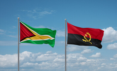 Guyana and Angola national flags, country relationship concept