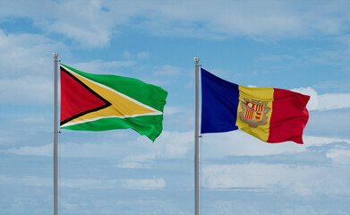 Guyana and Andorra national flags, country relationship concept