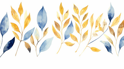 Fototapeta na wymiar golden and blue leaves on white background watercolor. generative ai