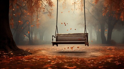A lone swing swaying in a park, leaves falling around it as autumn bids farewell. - obrazy, fototapety, plakaty