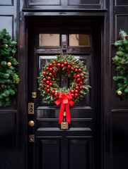 Festive Christmas wreath with ribbon adorning an elegant front wooden door.