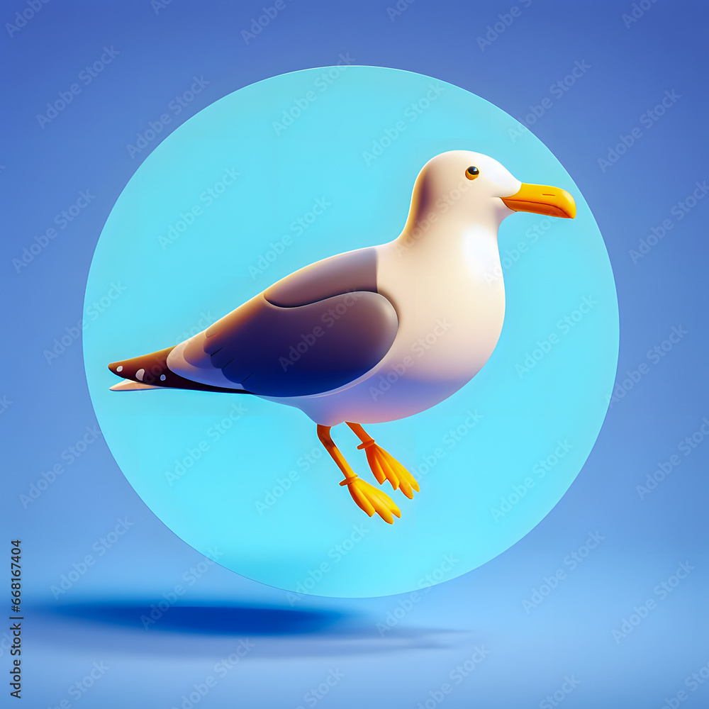 Poster arafed seagull standing on a blue background with a circular background generative ai