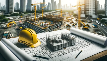 Meticulous planning phase of construction with architectural drawings and yellow protective helmet, with an operational construction site in the backdrop - obrazy, fototapety, plakaty
