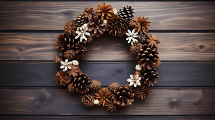 Rustic winter wreath with pinecones, cotton, and twigs against a dark wooden plank backdrop.