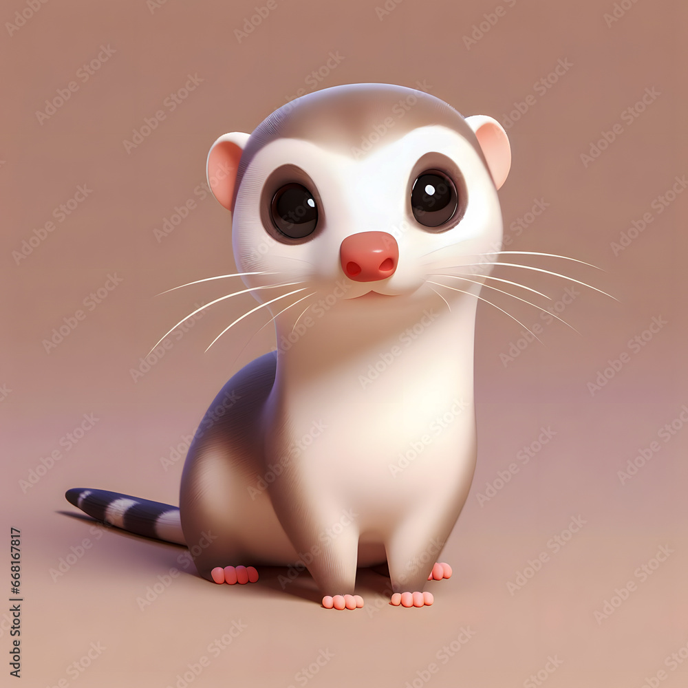 Poster realistic 3d rendering of a cute ferret sitting on a plain surface generative ai