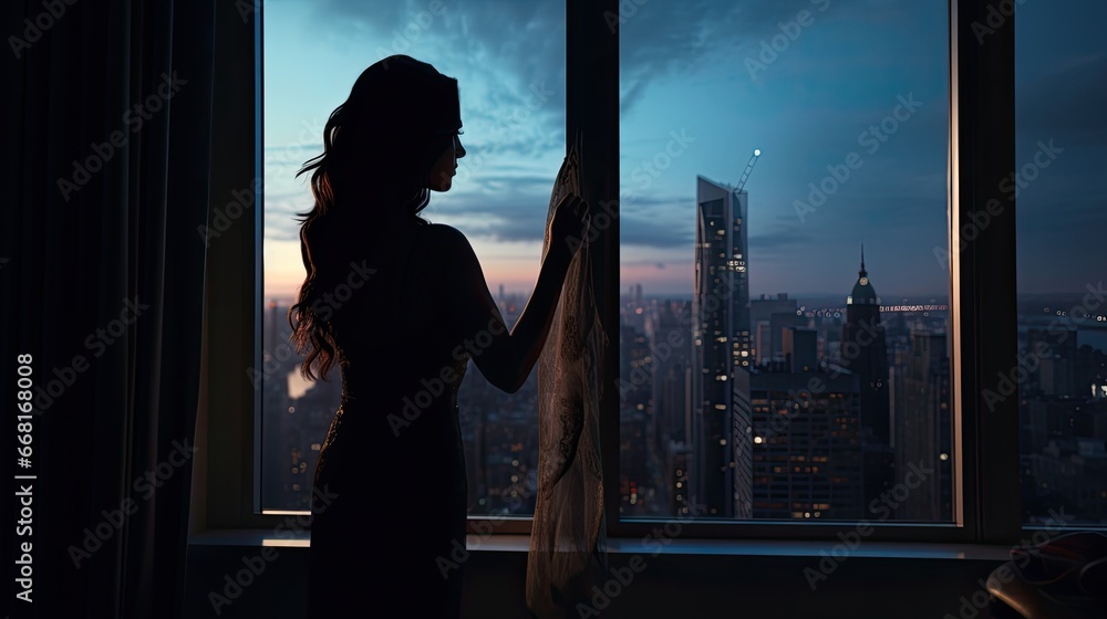 Wall mural silhouette of woman is standing near window