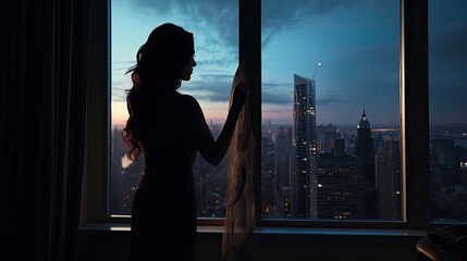 silhouette of woman is standing near window