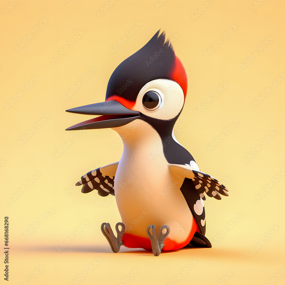 Poster there is a small toy bird with a red beak and black wings generative ai