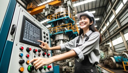 Joyful Asian woman engineer engaging with machine interface in industrial setting