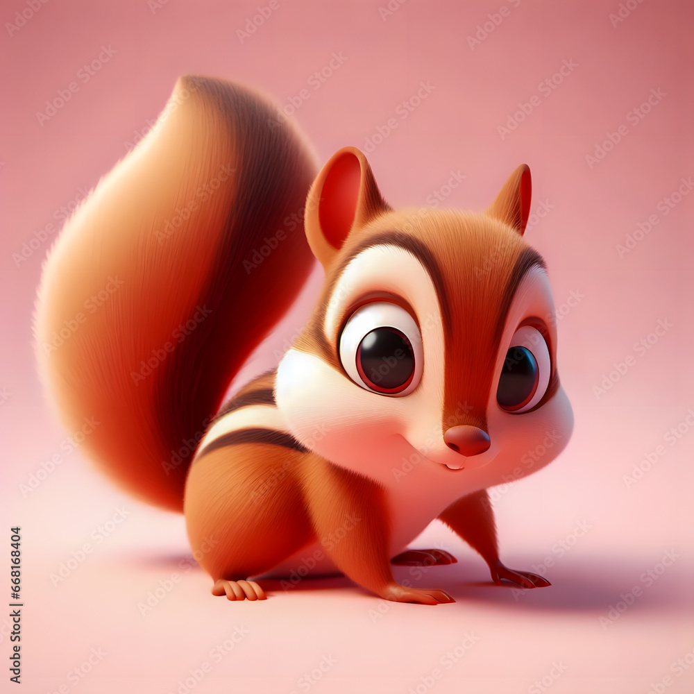 Poster a close up of a cartoon squirrel with a pink background generative ai