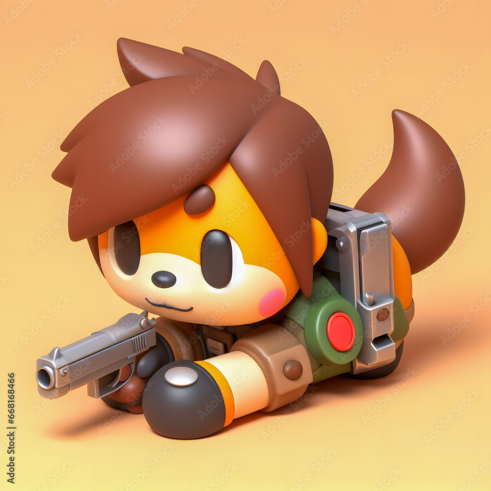 Poster a close up of a toy with a gun on a yellow background generative ai
