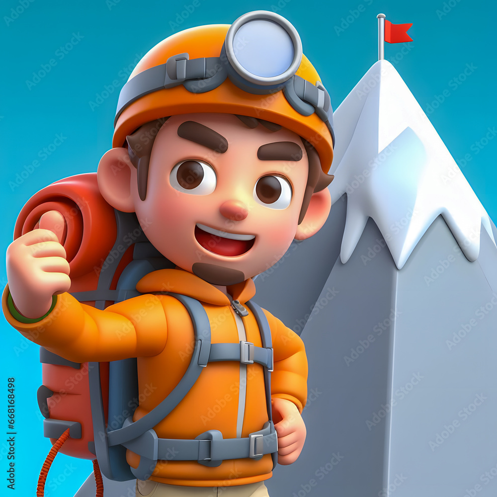 Poster a close up of a cartoon character with a backpack and a mountain generative ai