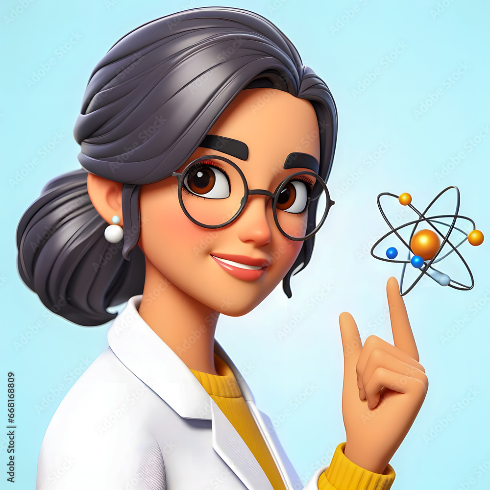 Poster a close up of a cartoon character holding a model of an atom generative ai