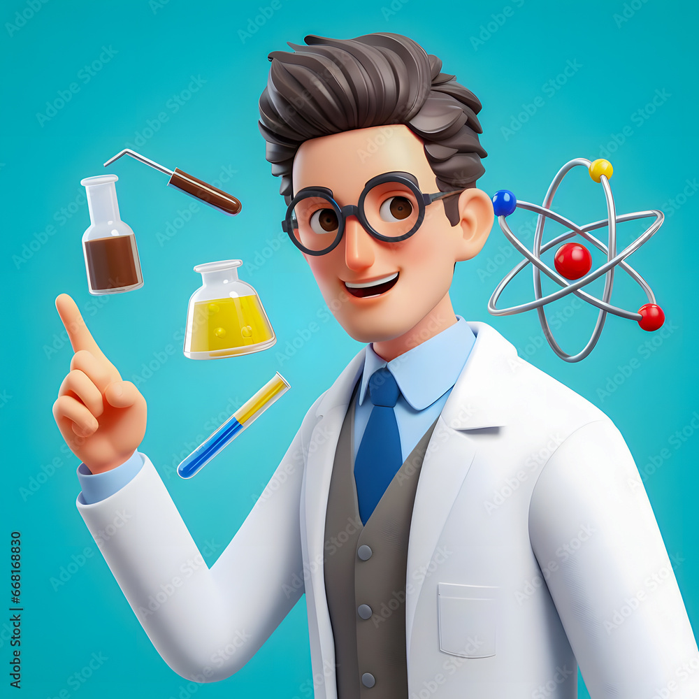 Poster a close up of a cartoon scientist with a lot of science related items generative ai