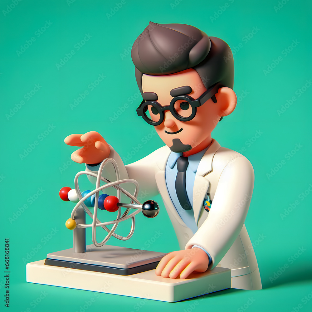 Poster a close up of a toy figure of a scientist with a model of an atom generative ai