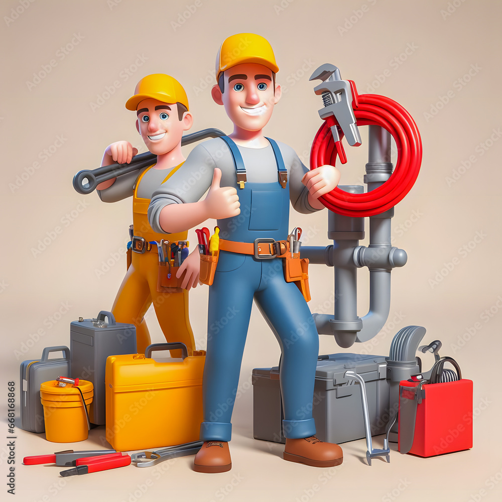 Poster arafed image of two men with tools and a hose generative ai