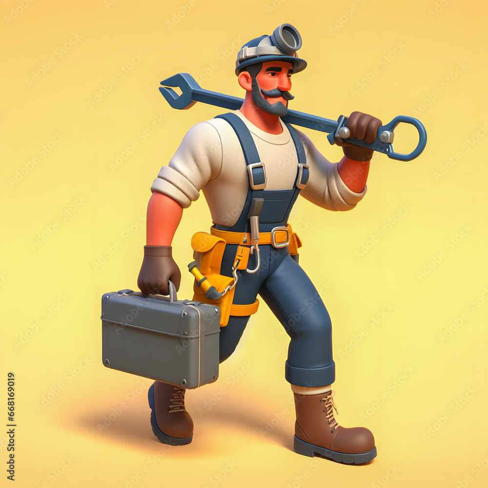 Poster a close up of a cartoon character holding a toolbox and a wrench generative ai