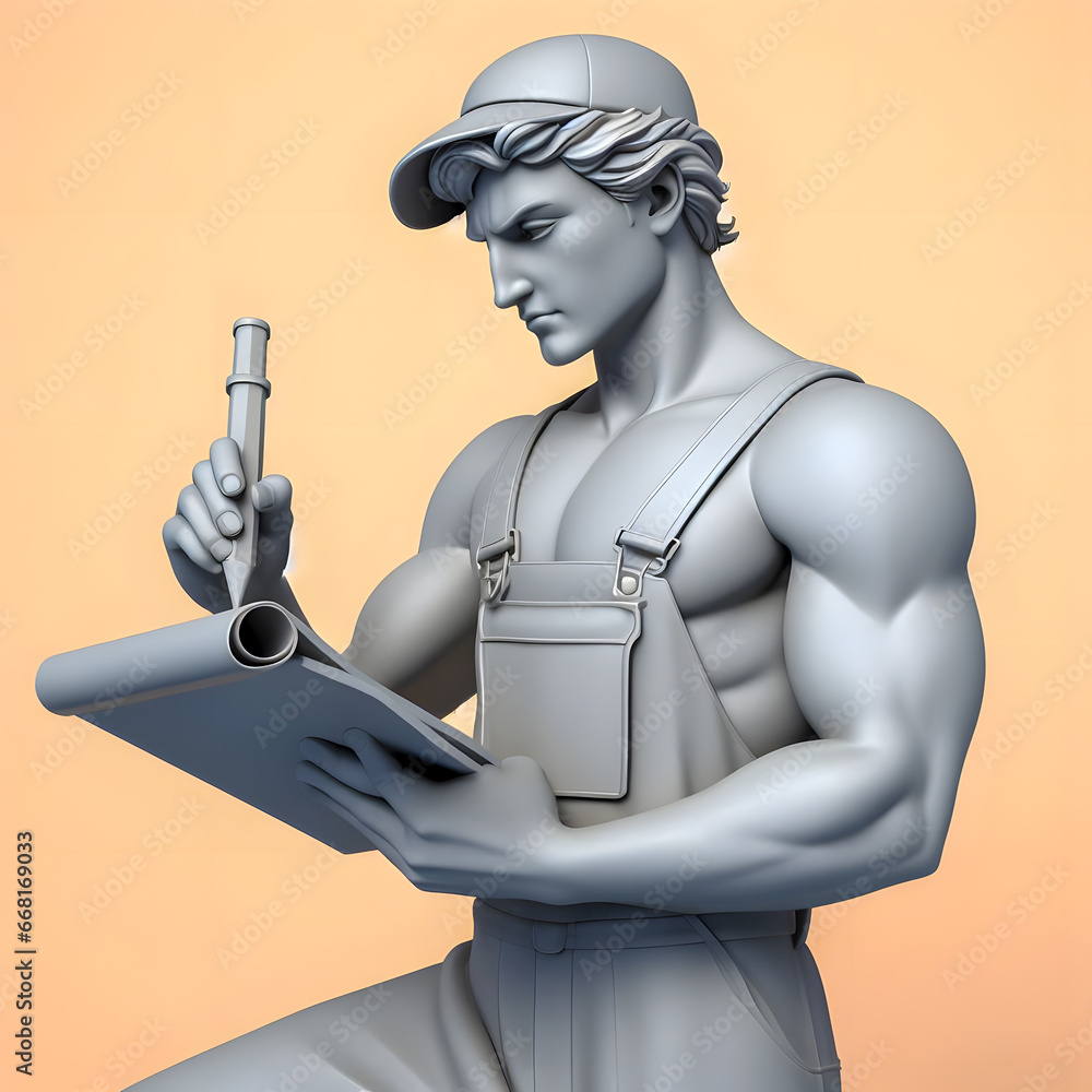 Poster a close up of a statue of a man holding a pen and a tablet generative ai