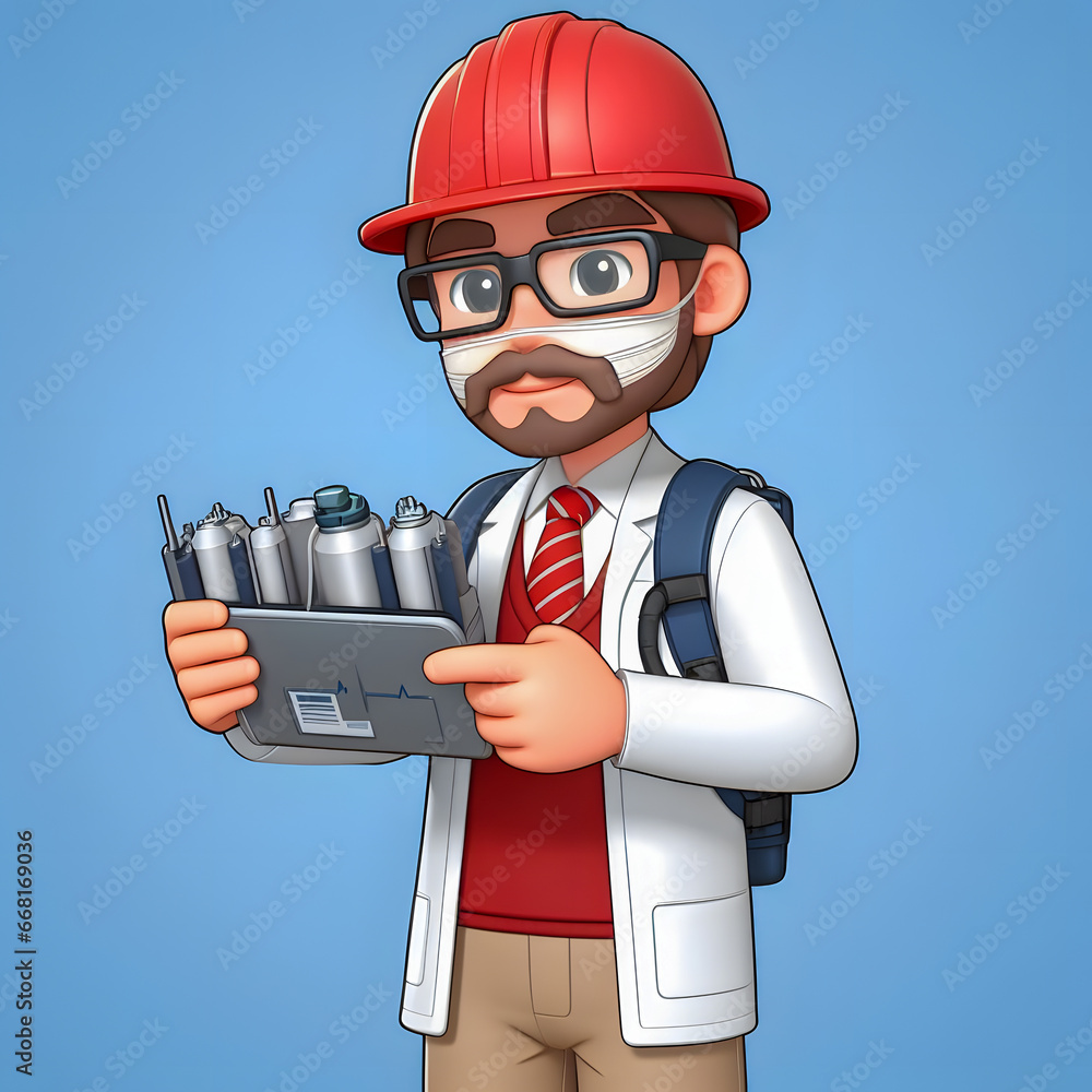 Poster cartoon man with a beard and a red hat holding a tablet generative ai