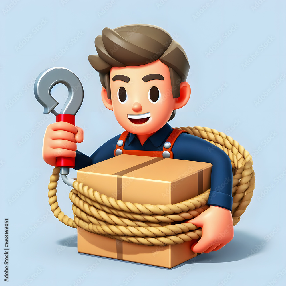 Poster a cartoon man holding a wrench and a box with a rope generative ai