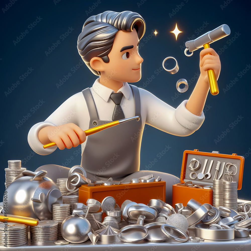 Poster a close up of a person with a hammer and some silver objects generative ai