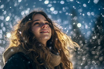 Young woman rejoices in the first winter snow. Let it snow. Snow and Christmas.