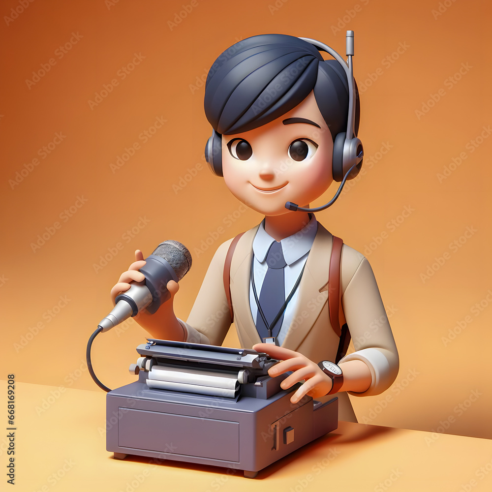 Poster a close up of a person with a microphone and a typewriter Generative AI