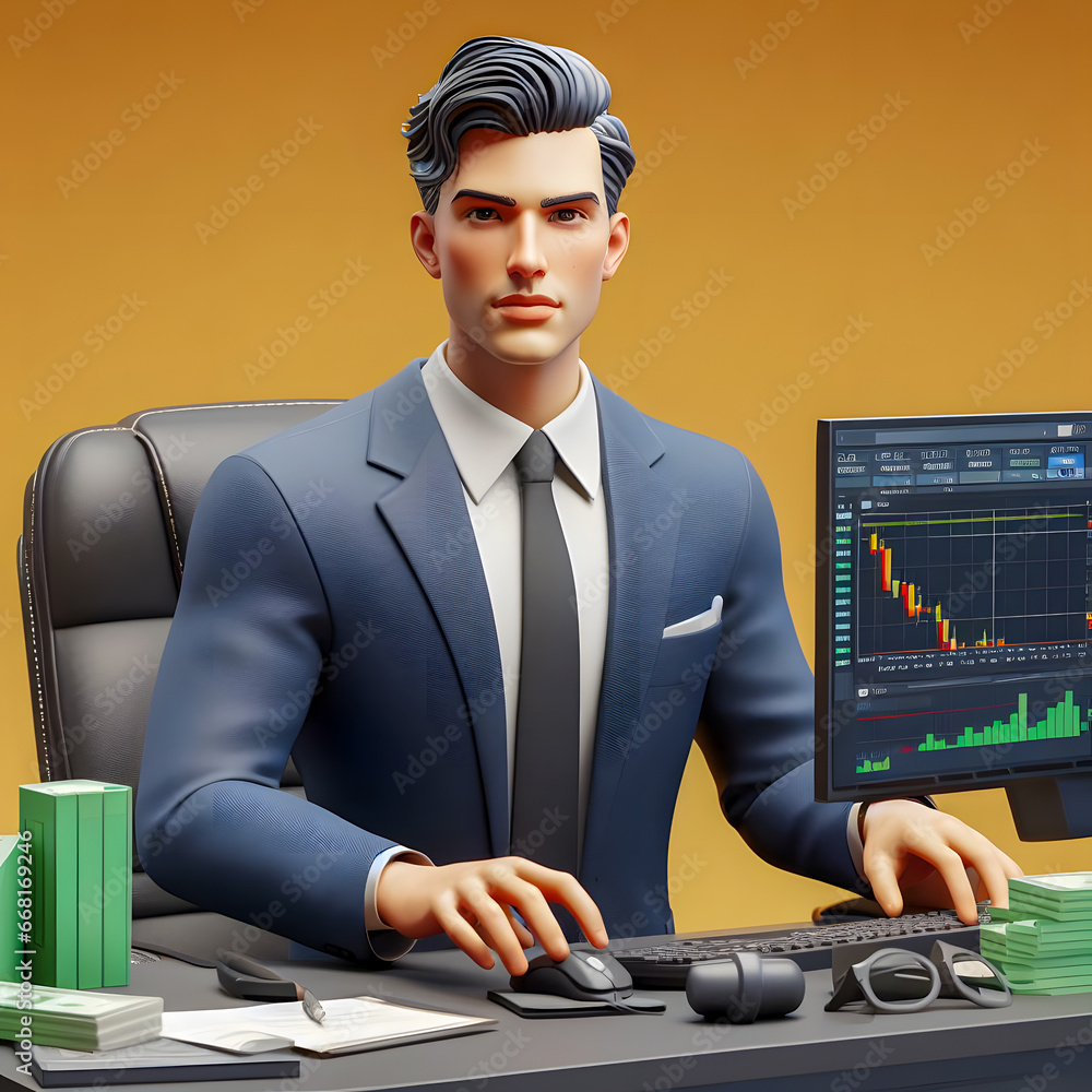 Poster arafed man in a suit sitting at a desk with a computer generative ai