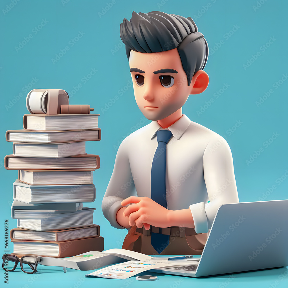 Poster arafed man sitting at a desk with a laptop and a stack of books generative ai