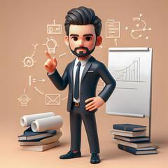 cartoon businessman with a beard and a mustache standing in front of a whiteboard Generative AI