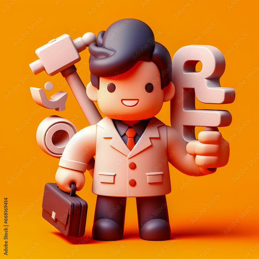 Poster a close up of a toy with a briefcase and a hammer generative ai