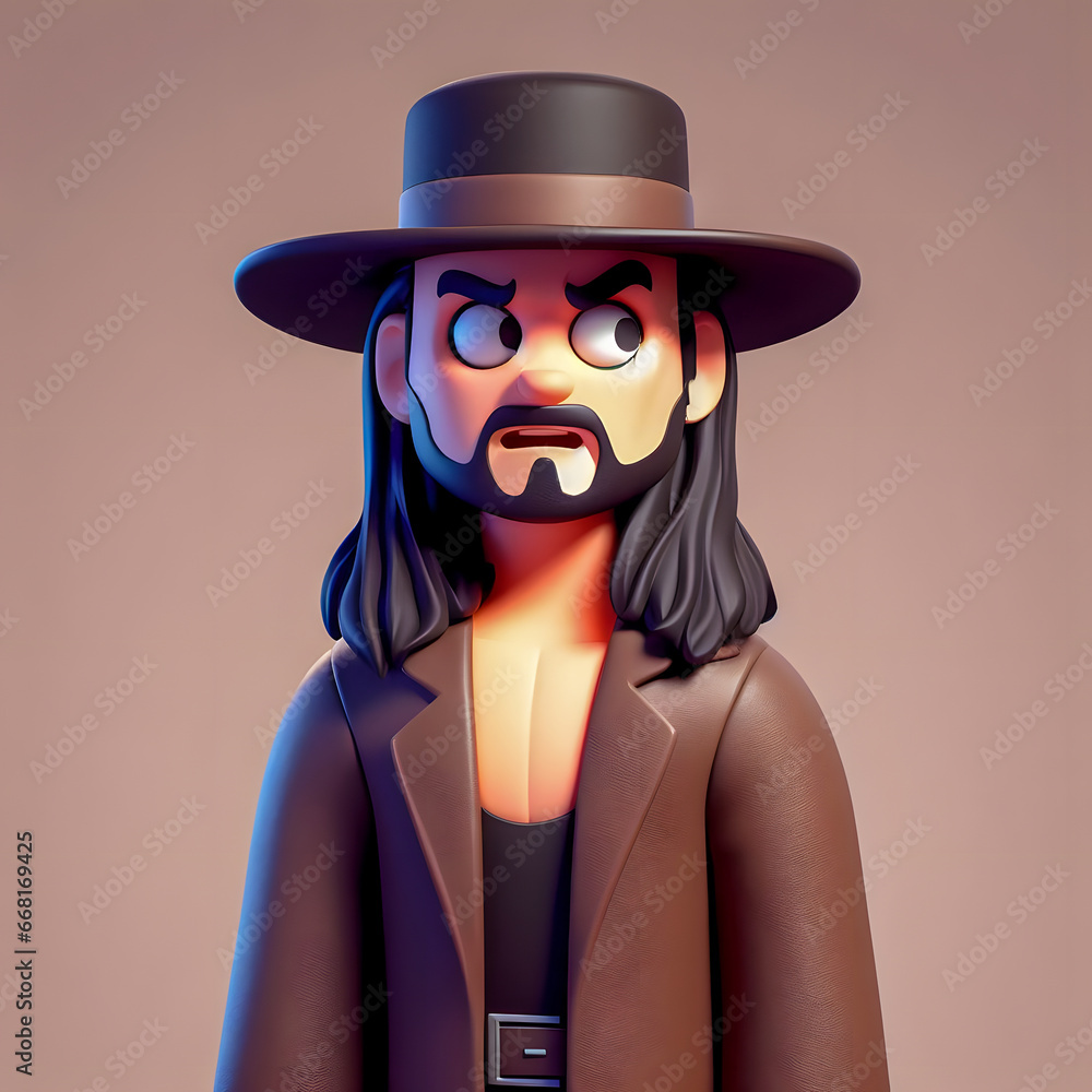 Poster a close up of a toy figure of a man with a hat and a beard generative ai