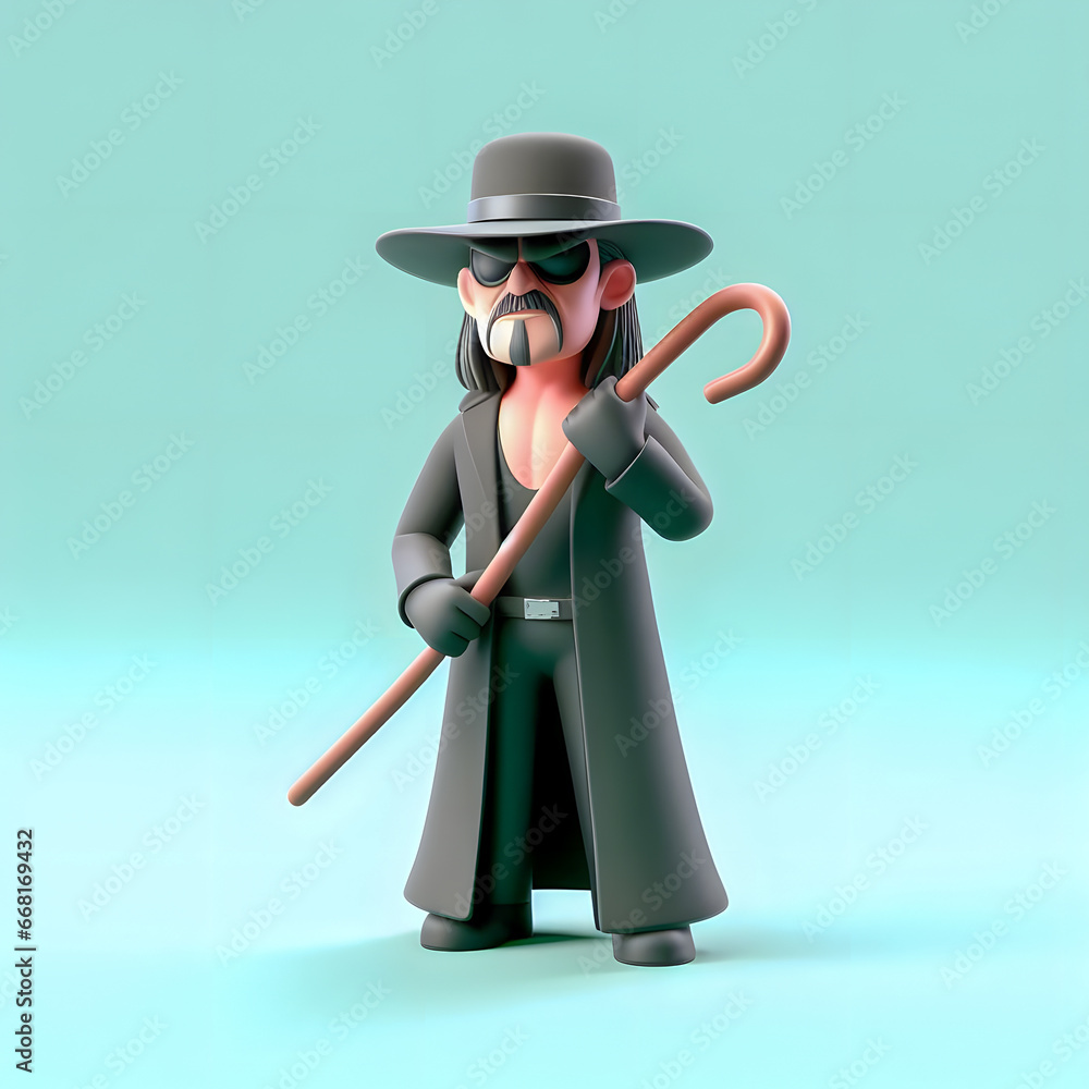 Poster a close up of a toy figure of a man with a hat and a cane generative ai