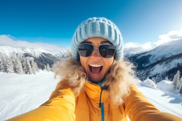 a happy cheerful young woman in warm winter clothes taking a selfie on a ski vacation on winter christmas holidays on a snowy mountain riding a snowboard, having much fun in the snowy terrain - obrazy, fototapety, plakaty