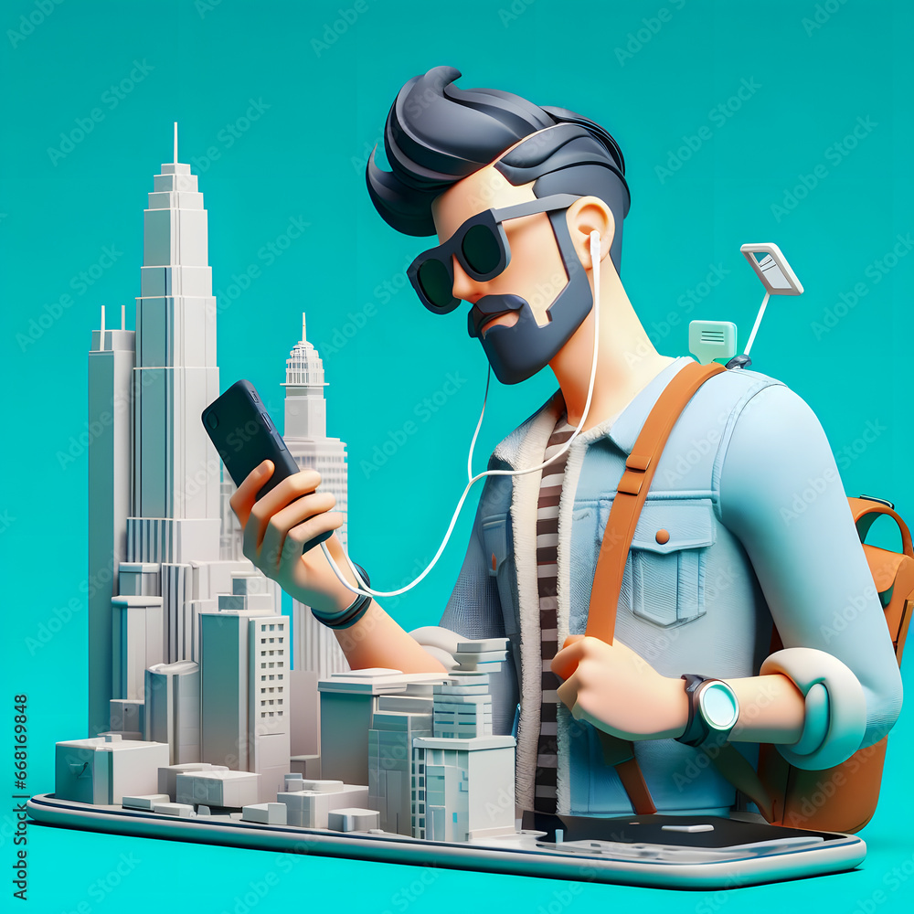 Poster arafed man with a beard and sunglasses is using a cell phone generative ai