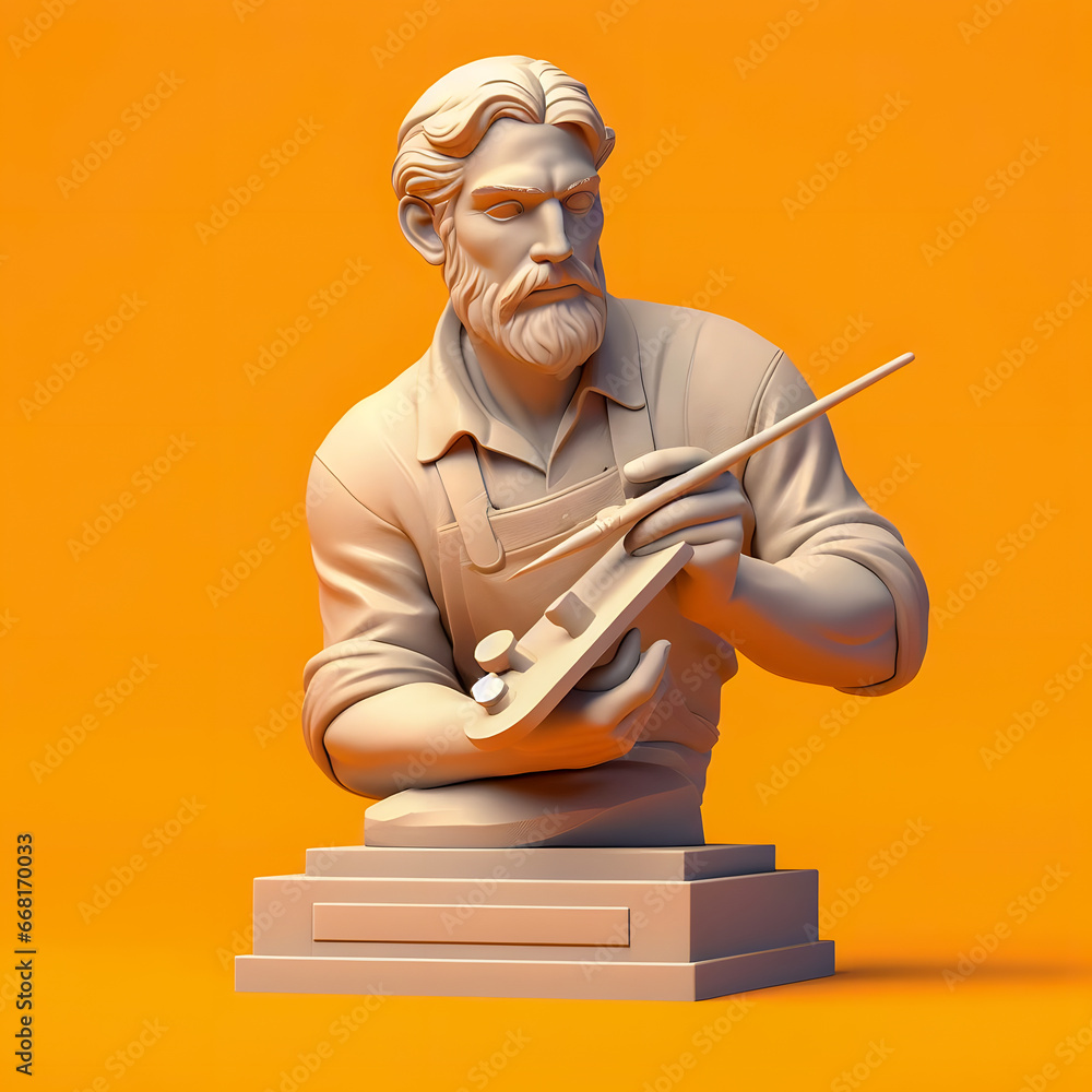 Poster a close up of a statue of a man holding a brush and a palette generative ai