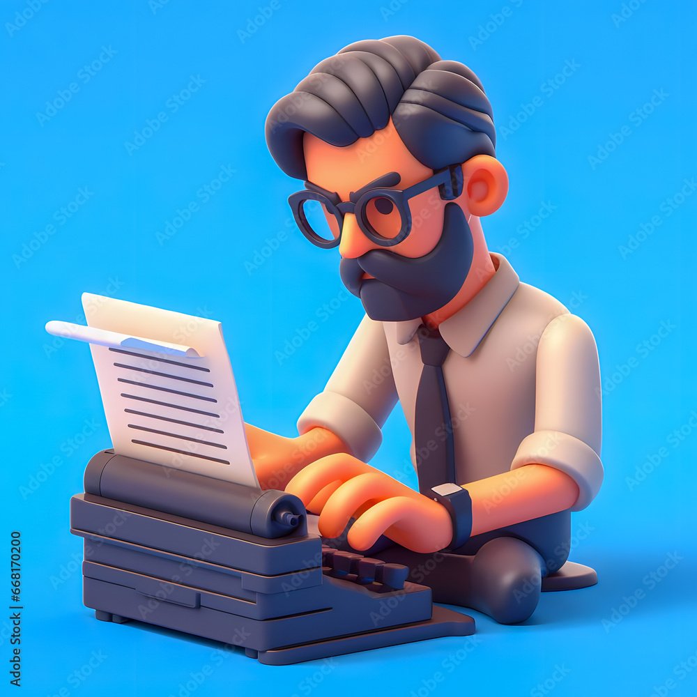 Poster a close up of a cartoon character typing on a typewriter generative ai