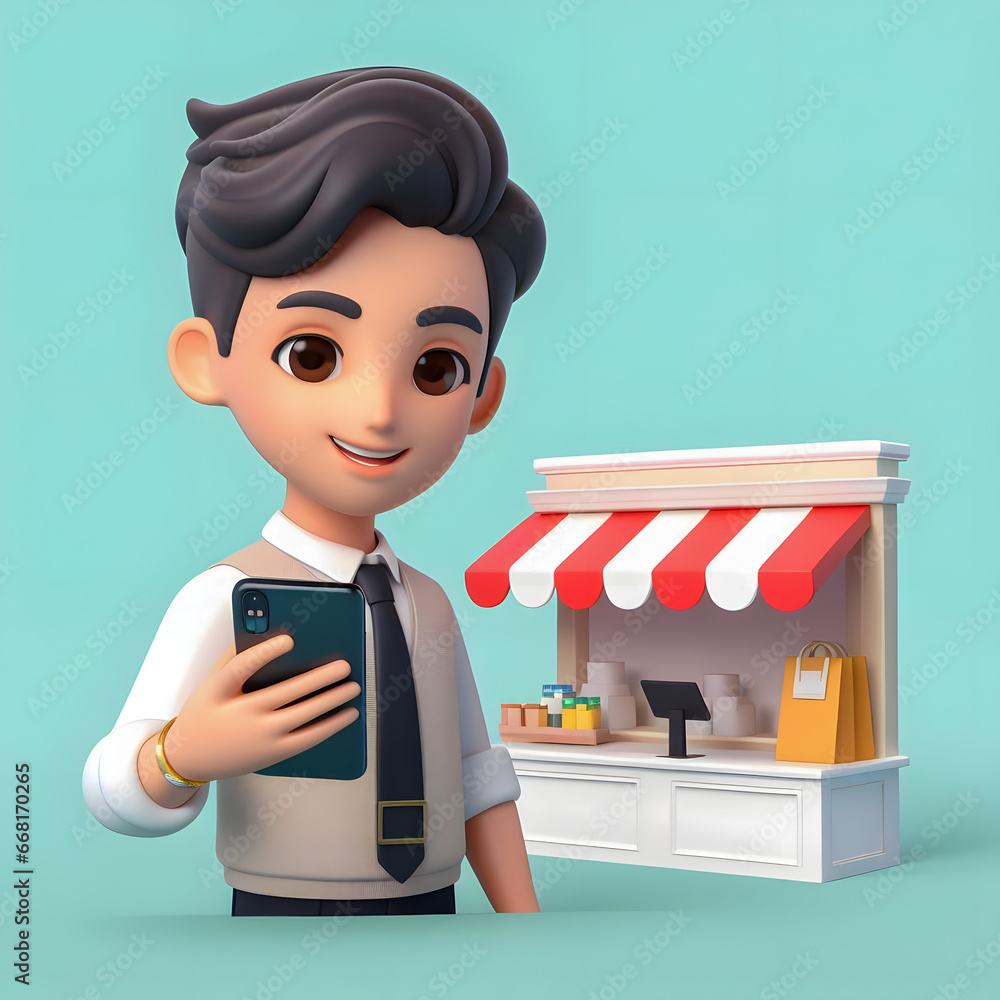 Poster cartoon character of a man holding a cell phone in front of a store generative ai