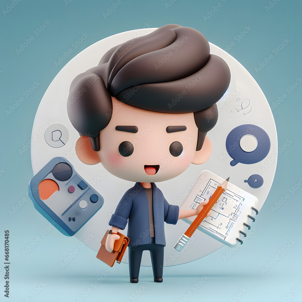 Poster cartoon character with a notebook and a pencil in his hand generative ai